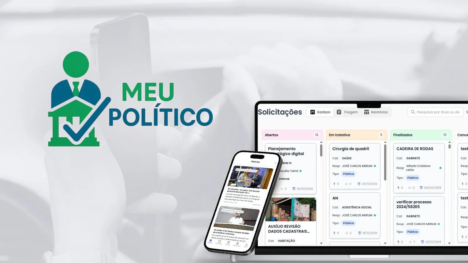 Meu Político — visão geral da plataforma no celular e no desktop