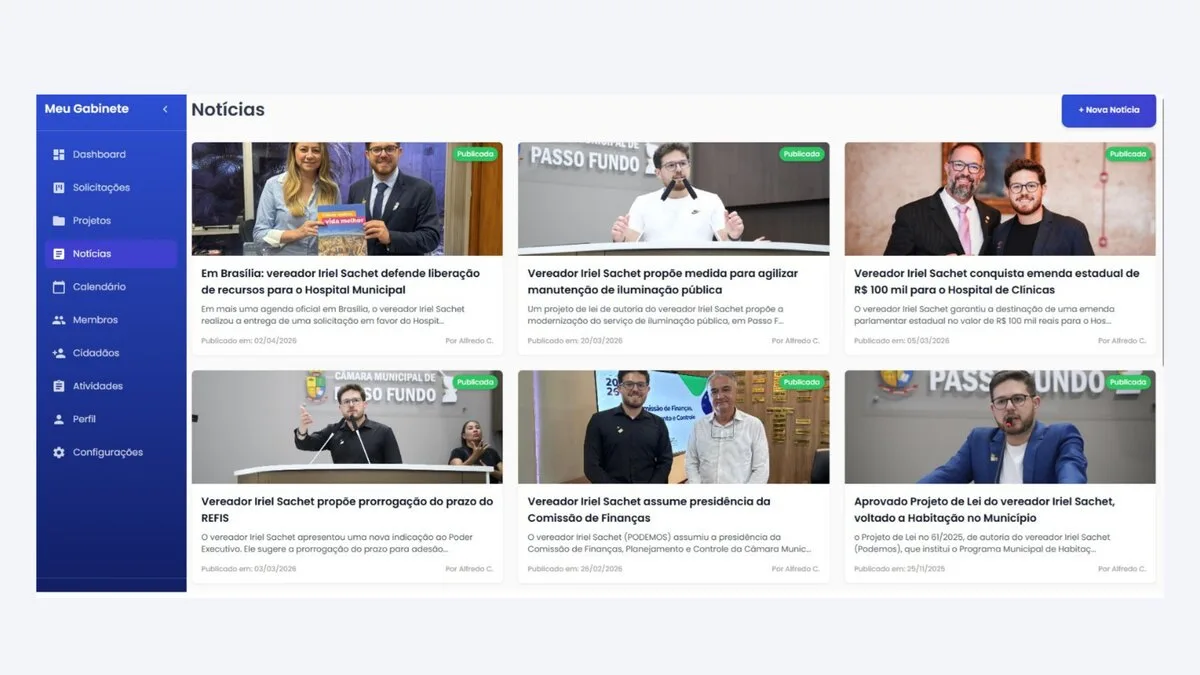 App Meu Político em uso no celular exibindo notícias do mandato
